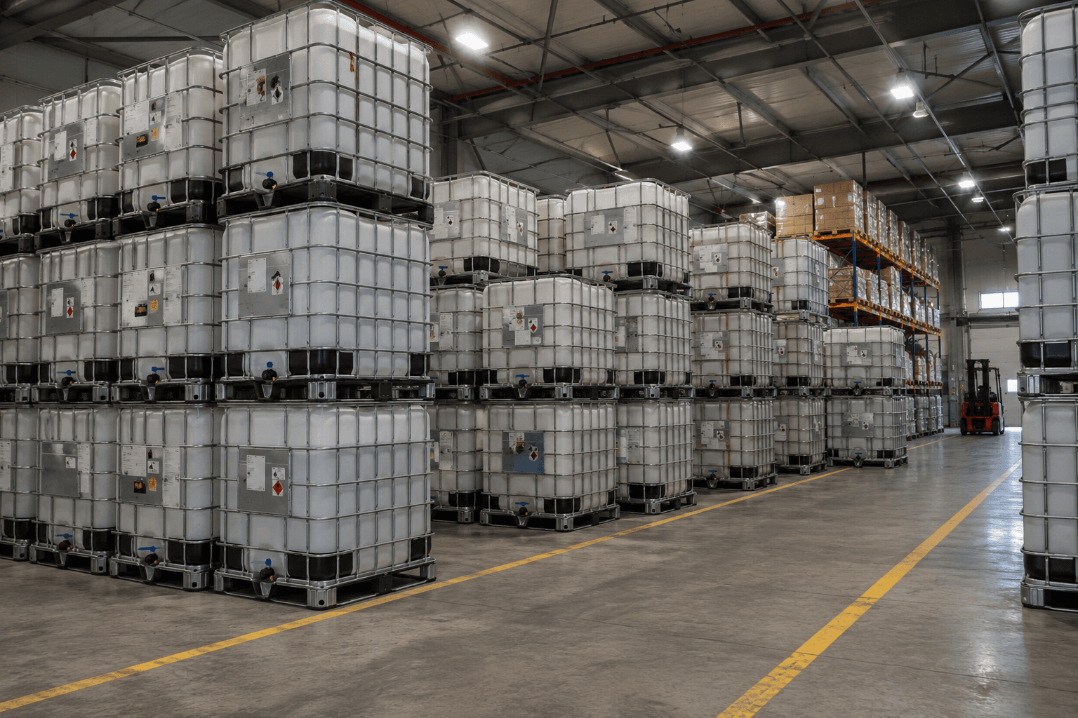 Panoramic view of our IBC tote warehouse with forklift